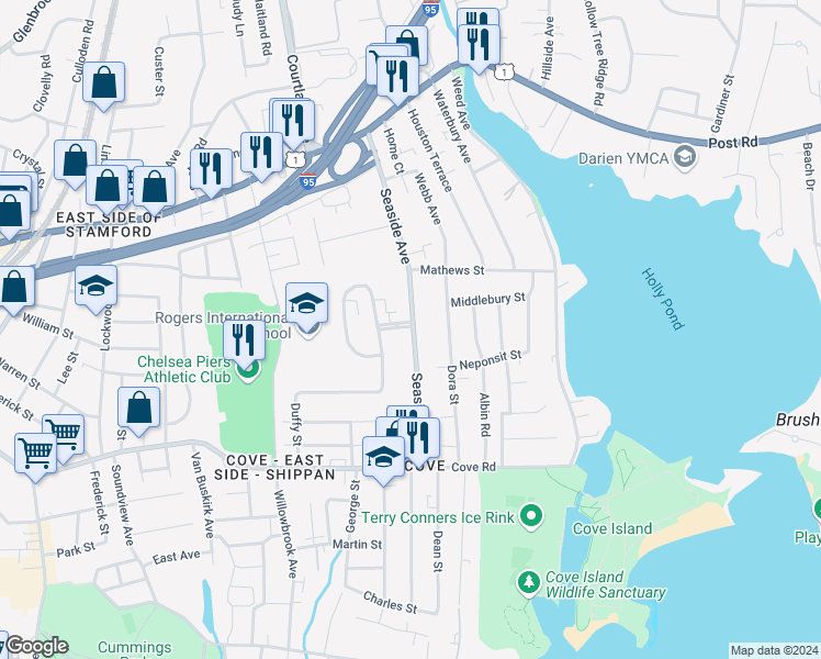 map of restaurants, bars, coffee shops, grocery stores, and more near 162 Seaside Avenue in Stamford