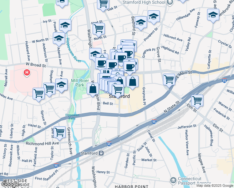 map of restaurants, bars, coffee shops, grocery stores, and more near 37 Summer Street in Stamford