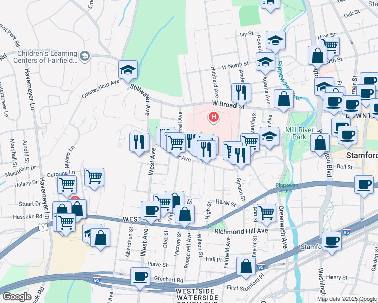 map of restaurants, bars, coffee shops, grocery stores, and more near 215 Stillwater Avenue in Stamford
