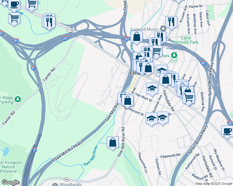 map of restaurants, bars, coffee shops, grocery stores, and more near 35 Valley Avenue in Elmsford