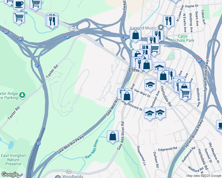 map of restaurants, bars, coffee shops, grocery stores, and more near 35 Valley Avenue in Elmsford