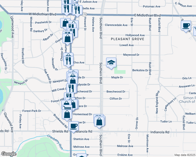 map of restaurants, bars, coffee shops, grocery stores, and more near 4442 Southern Boulevard in Youngstown