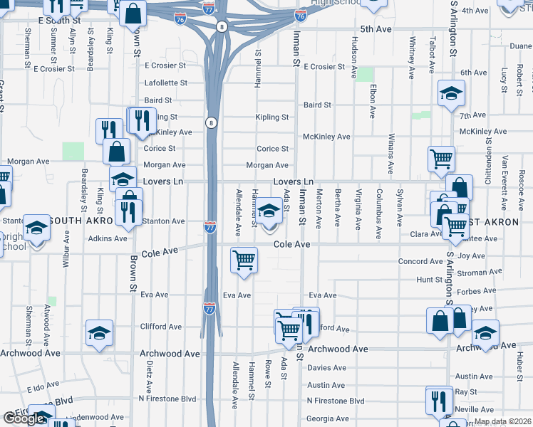 map of restaurants, bars, coffee shops, grocery stores, and more near 887 Hammel Street in Akron