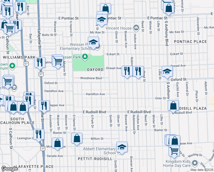 map of restaurants, bars, coffee shops, grocery stores, and more near 1010 Oxford Street in Fort Wayne