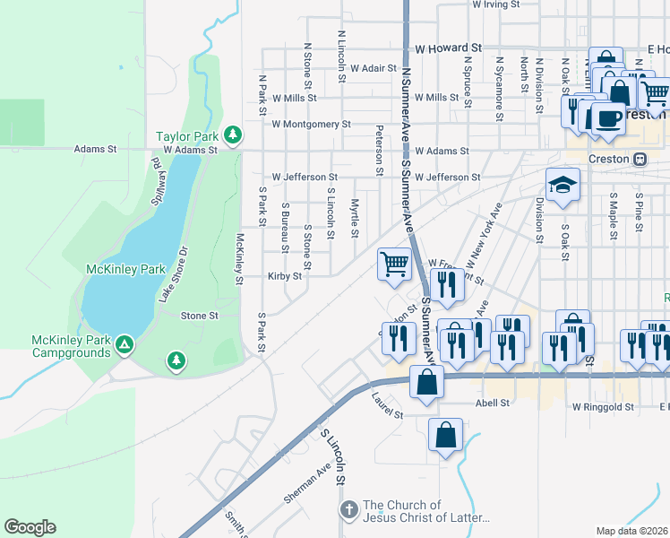 map of restaurants, bars, coffee shops, grocery stores, and more near 401-409 Russell Street in Creston