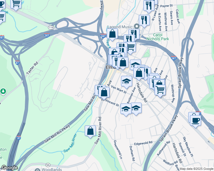 map of restaurants, bars, coffee shops, grocery stores, and more near 57 Saw Mill River Road in Elmsford