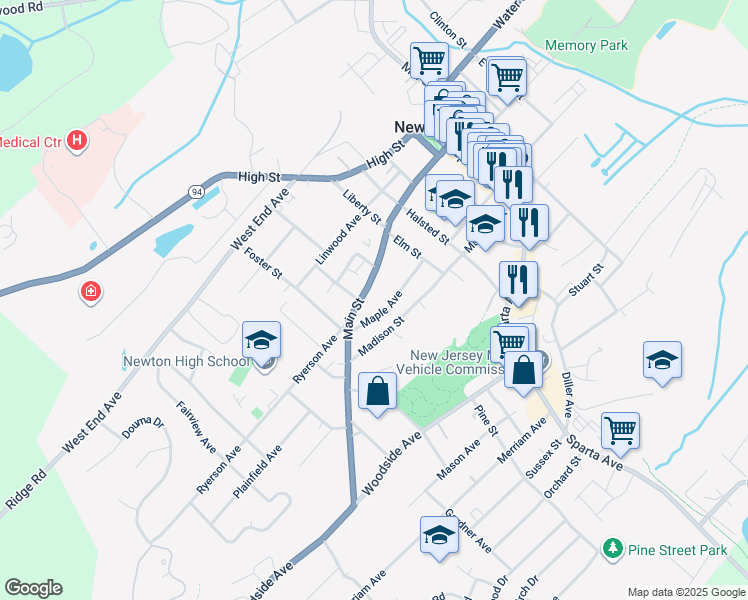 map of restaurants, bars, coffee shops, grocery stores, and more near 125 Main Street in Newton