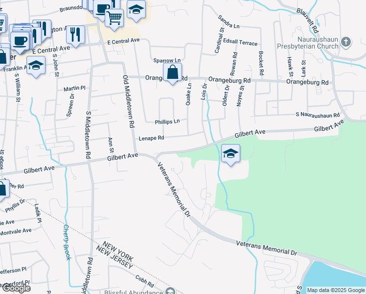 map of restaurants, bars, coffee shops, grocery stores, and more near 96 Lenape Road in Pearl River