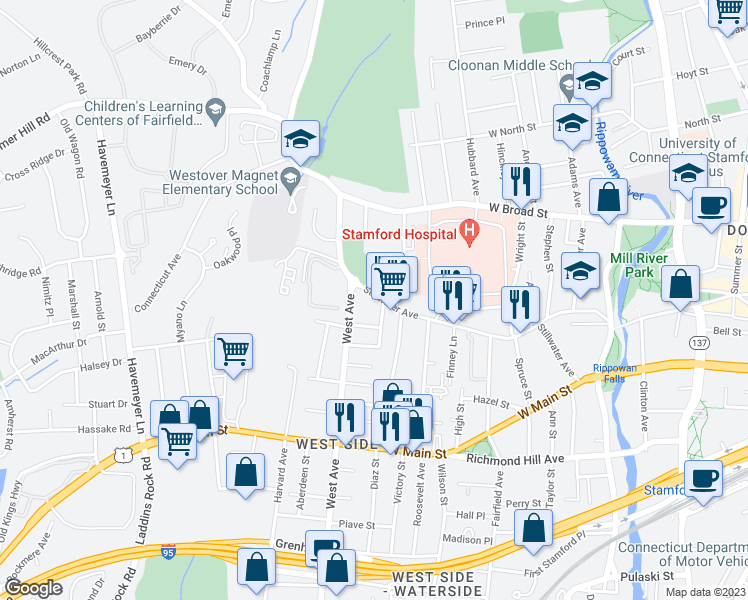 map of restaurants, bars, coffee shops, grocery stores, and more near 248 Stillwater Avenue in Stamford