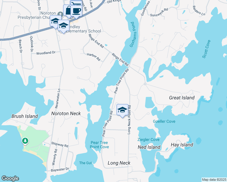 map of restaurants, bars, coffee shops, grocery stores, and more near 39 Pear Tree Point Road in Darien