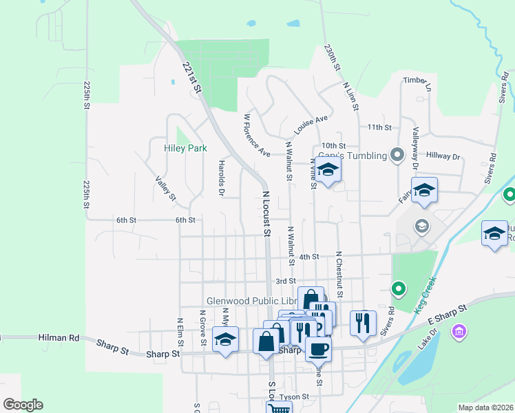 map of restaurants, bars, coffee shops, grocery stores, and more near 705 North Locust Street in Glenwood