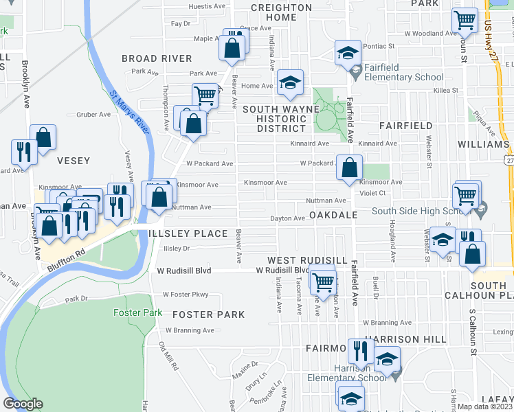 map of restaurants, bars, coffee shops, grocery stores, and more near 933 Nuttman Avenue in Fort Wayne