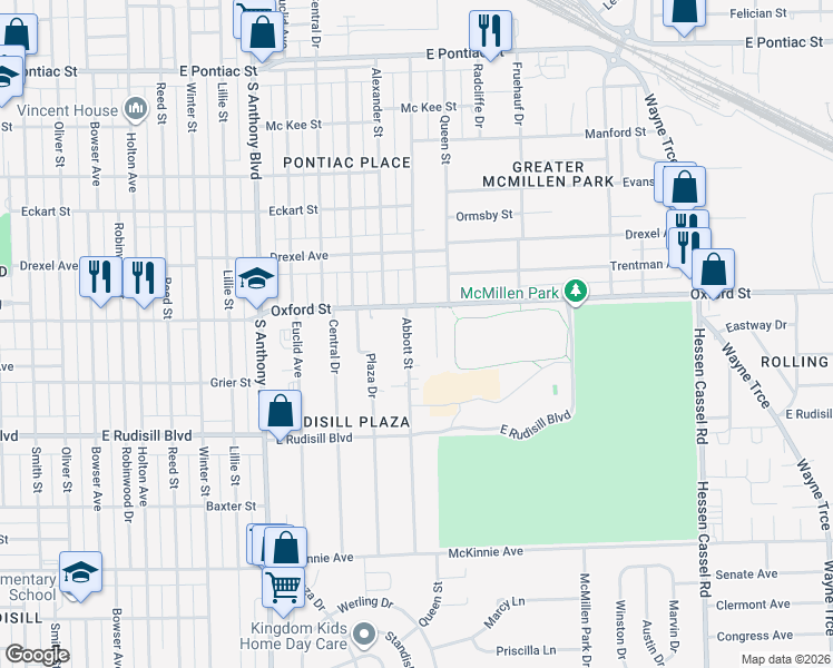map of restaurants, bars, coffee shops, grocery stores, and more near 3525 Abbott Street in Fort Wayne