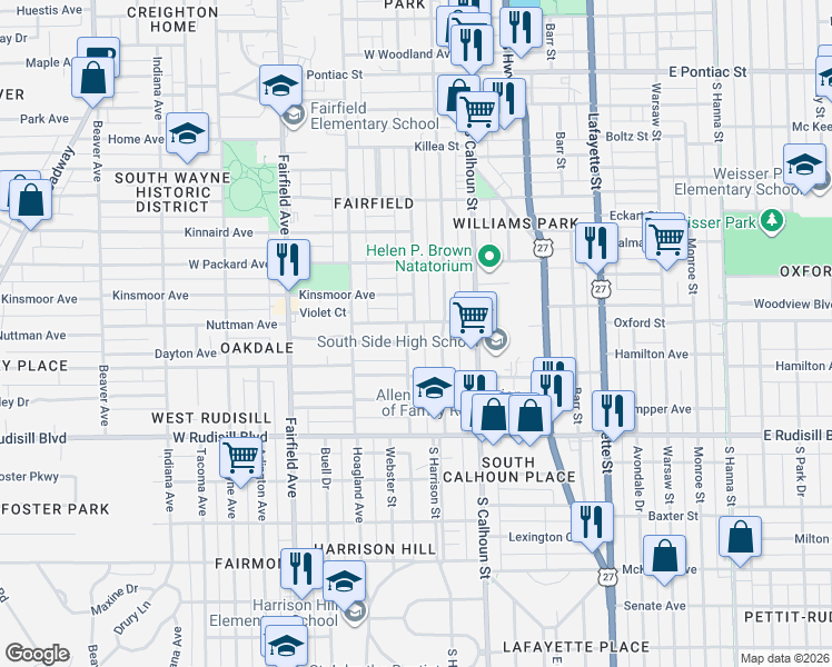 map of restaurants, bars, coffee shops, grocery stores, and more near 3426 Webster Street in Fort Wayne