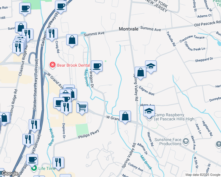 map of restaurants, bars, coffee shops, grocery stores, and more near 5 Paragon Drive in Montvale