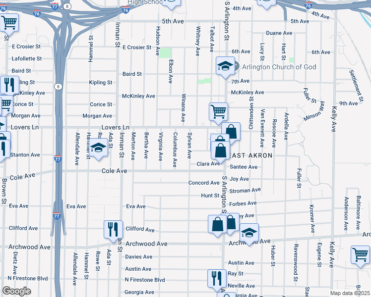 map of restaurants, bars, coffee shops, grocery stores, and more near 685 Columbus Avenue in Akron
