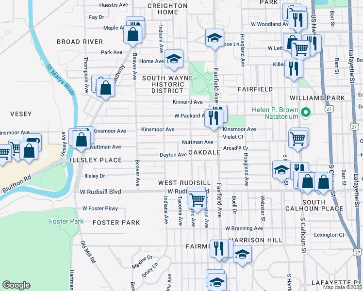 map of restaurants, bars, coffee shops, grocery stores, and more near 723 Nuttman Avenue in Fort Wayne