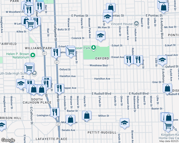 map of restaurants, bars, coffee shops, grocery stores, and more near 3510 Weisser Park Avenue in Fort Wayne