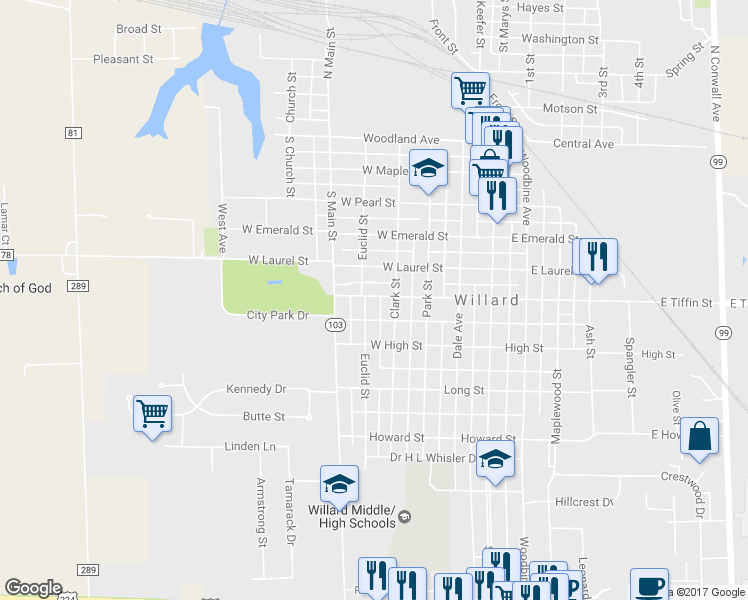 map of restaurants, bars, coffee shops, grocery stores, and more near 501 Euclid Street in Willard