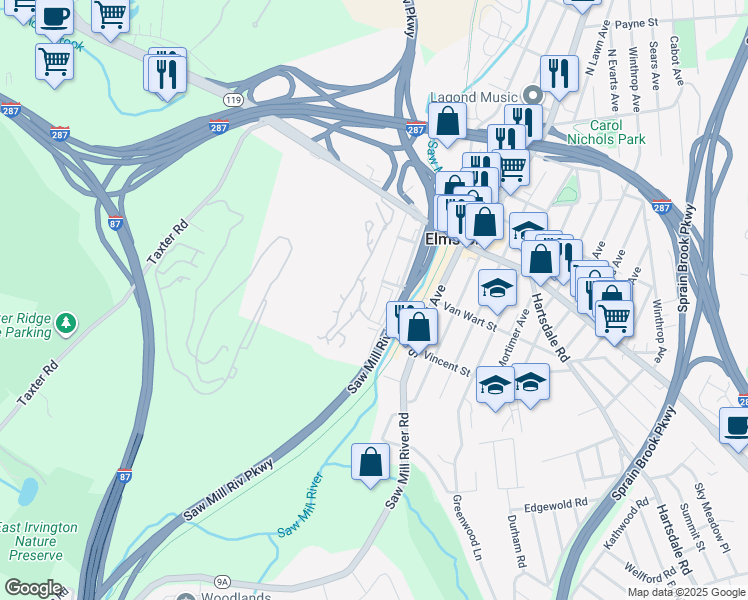 map of restaurants, bars, coffee shops, grocery stores, and more near 35 Valley Avenue in Elmsford