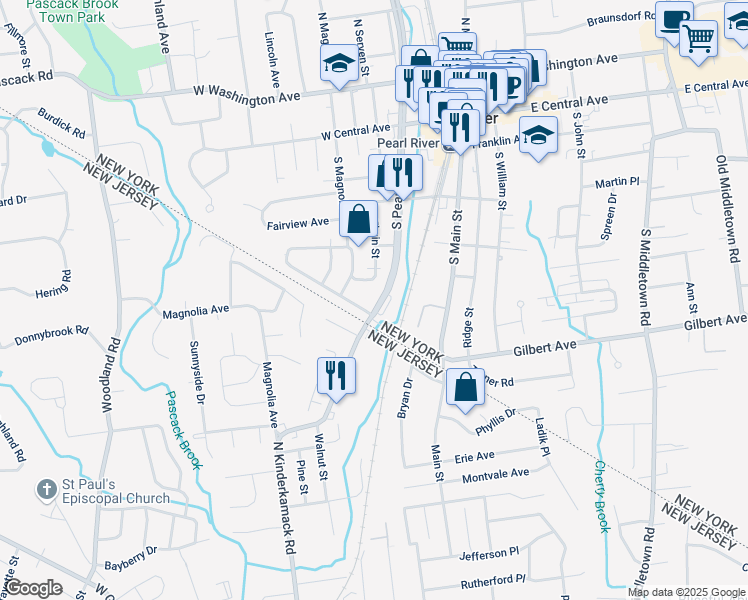 map of restaurants, bars, coffee shops, grocery stores, and more near 139 South Pearl Street in Pearl River