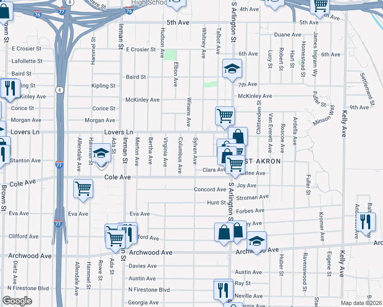 map of restaurants, bars, coffee shops, grocery stores, and more near 685 Columbus Avenue in Akron