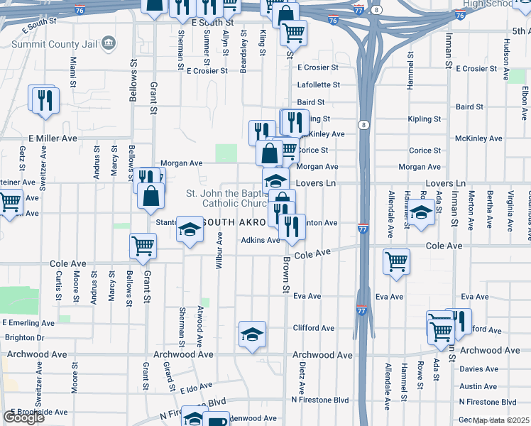 map of restaurants, bars, coffee shops, grocery stores, and more near 1016 Clay Street in Akron