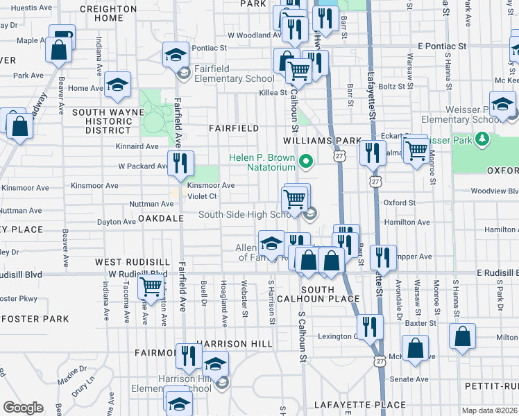 map of restaurants, bars, coffee shops, grocery stores, and more near 3426 Webster Street in Fort Wayne