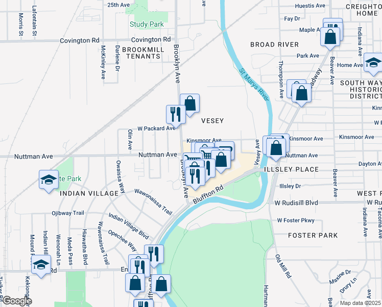 map of restaurants, bars, coffee shops, grocery stores, and more near 3433 Brooklyn Avenue in Fort Wayne