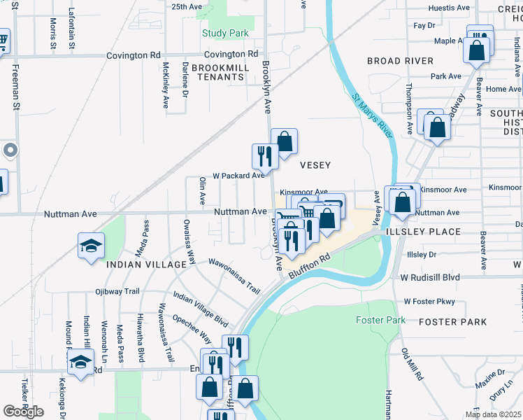 map of restaurants, bars, coffee shops, grocery stores, and more near 2028 Nuttman Ave in Fort Wayne