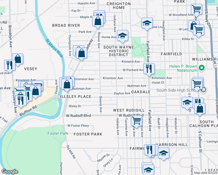 map of restaurants, bars, coffee shops, grocery stores, and more near 927 Nuttman Avenue in Fort Wayne