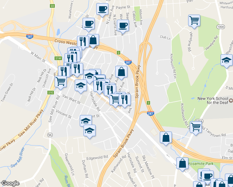 map of restaurants, bars, coffee shops, grocery stores, and more near 15 North French Avenue in Elmsford