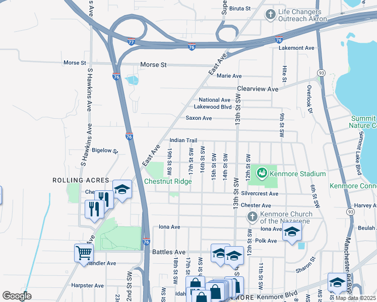 map of restaurants, bars, coffee shops, grocery stores, and more near 1858 17th Street Southwest in Akron