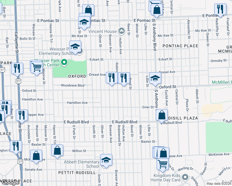 map of restaurants, bars, coffee shops, grocery stores, and more near 3427 Robinwood Drive in Fort Wayne