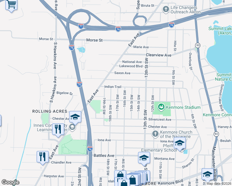 map of restaurants, bars, coffee shops, grocery stores, and more near 1858 17th Street Southwest in Akron