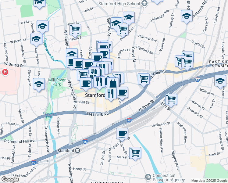 map of restaurants, bars, coffee shops, grocery stores, and more near 100 Greyrock Place in Stamford