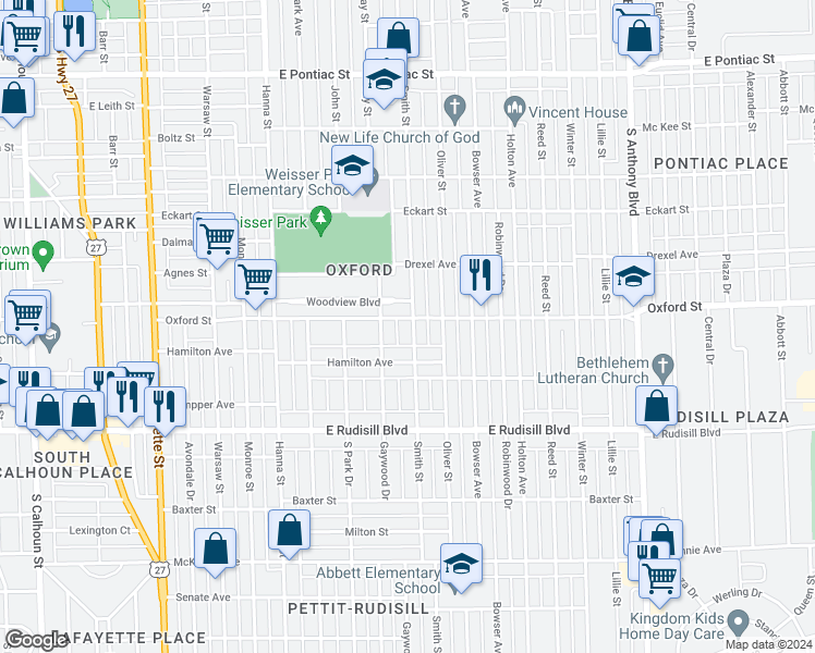 map of restaurants, bars, coffee shops, grocery stores, and more near 3506 Smith Street in Fort Wayne