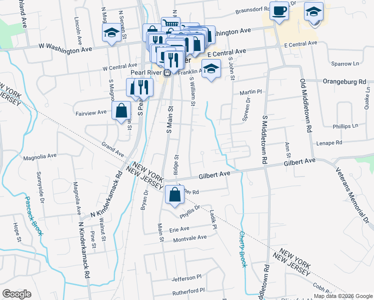 map of restaurants, bars, coffee shops, grocery stores, and more near 153 South William Street in Pearl River