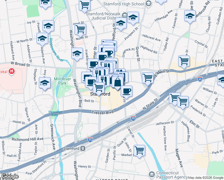 map of restaurants, bars, coffee shops, grocery stores, and more near 140 Atlantic Street in Stamford