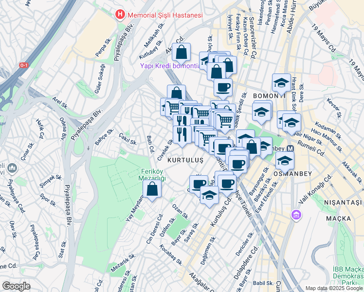 map of restaurants, bars, coffee shops, grocery stores, and more near Ortanca Sokağı in Şişli