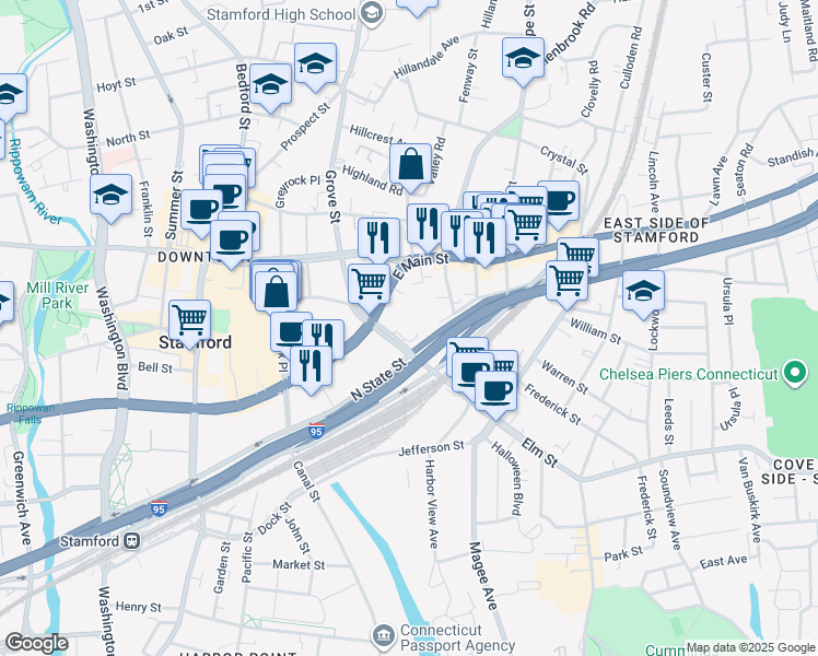 map of restaurants, bars, coffee shops, grocery stores, and more near 52-164 Main St in Stamford