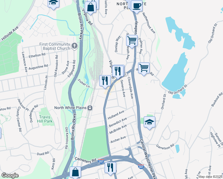 map of restaurants, bars, coffee shops, grocery stores, and more near 585 North Broadway in White Plains