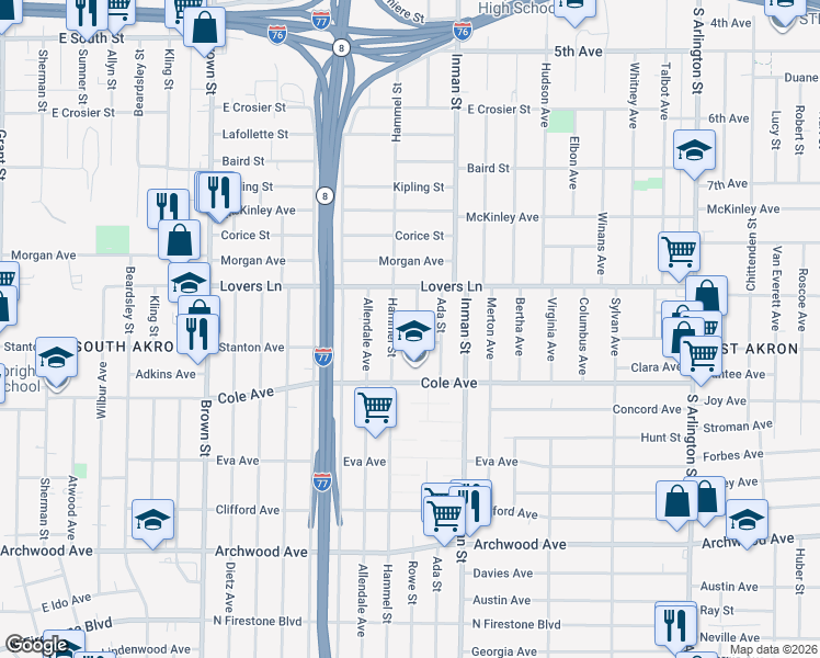 map of restaurants, bars, coffee shops, grocery stores, and more near 887 Hammel Street in Akron