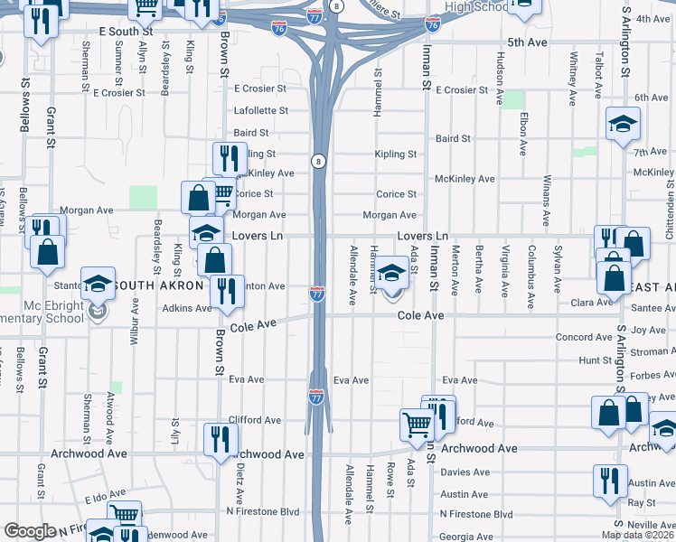 map of restaurants, bars, coffee shops, grocery stores, and more near 948 Allendale Avenue in Akron