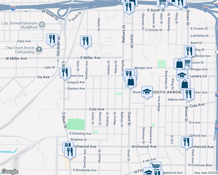 map of restaurants, bars, coffee shops, grocery stores, and more near 1226 Andrus Street in Akron