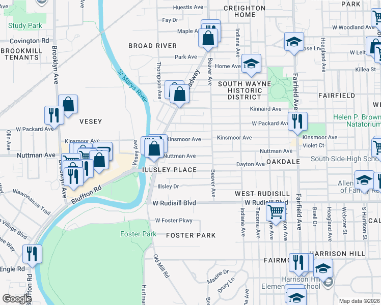 map of restaurants, bars, coffee shops, grocery stores, and more near 1140 Nuttman Avenue in Fort Wayne