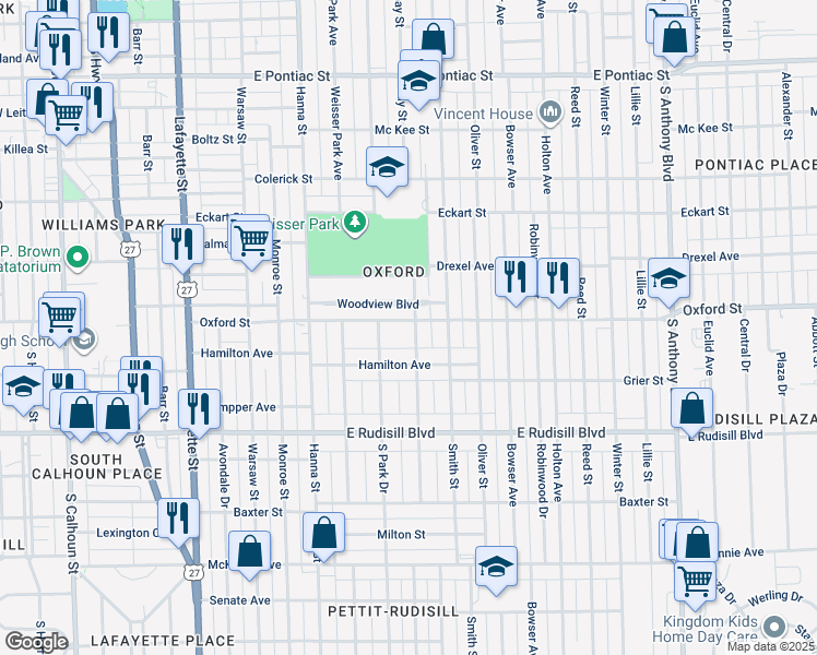 map of restaurants, bars, coffee shops, grocery stores, and more near 3506 Gaywood Drive in Fort Wayne