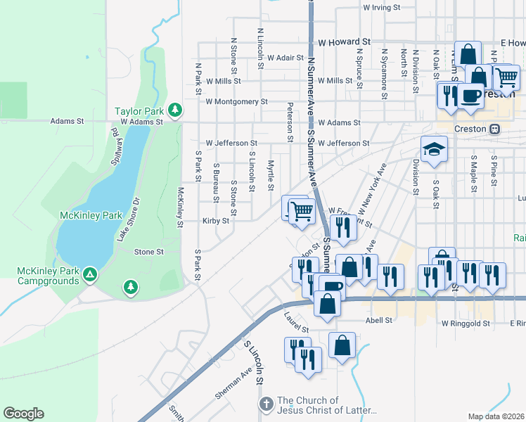 map of restaurants, bars, coffee shops, grocery stores, and more near 401 Russell Street in Creston