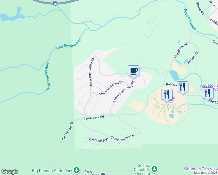 map of restaurants, bars, coffee shops, grocery stores, and more near Mountain Laurel Drive in Monroe County