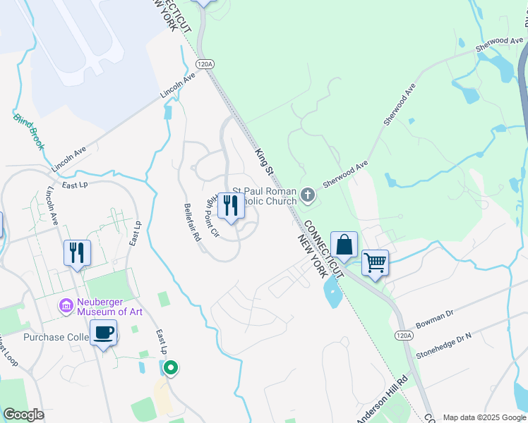 map of restaurants, bars, coffee shops, grocery stores, and more near 1200 King Street in Rye Brook